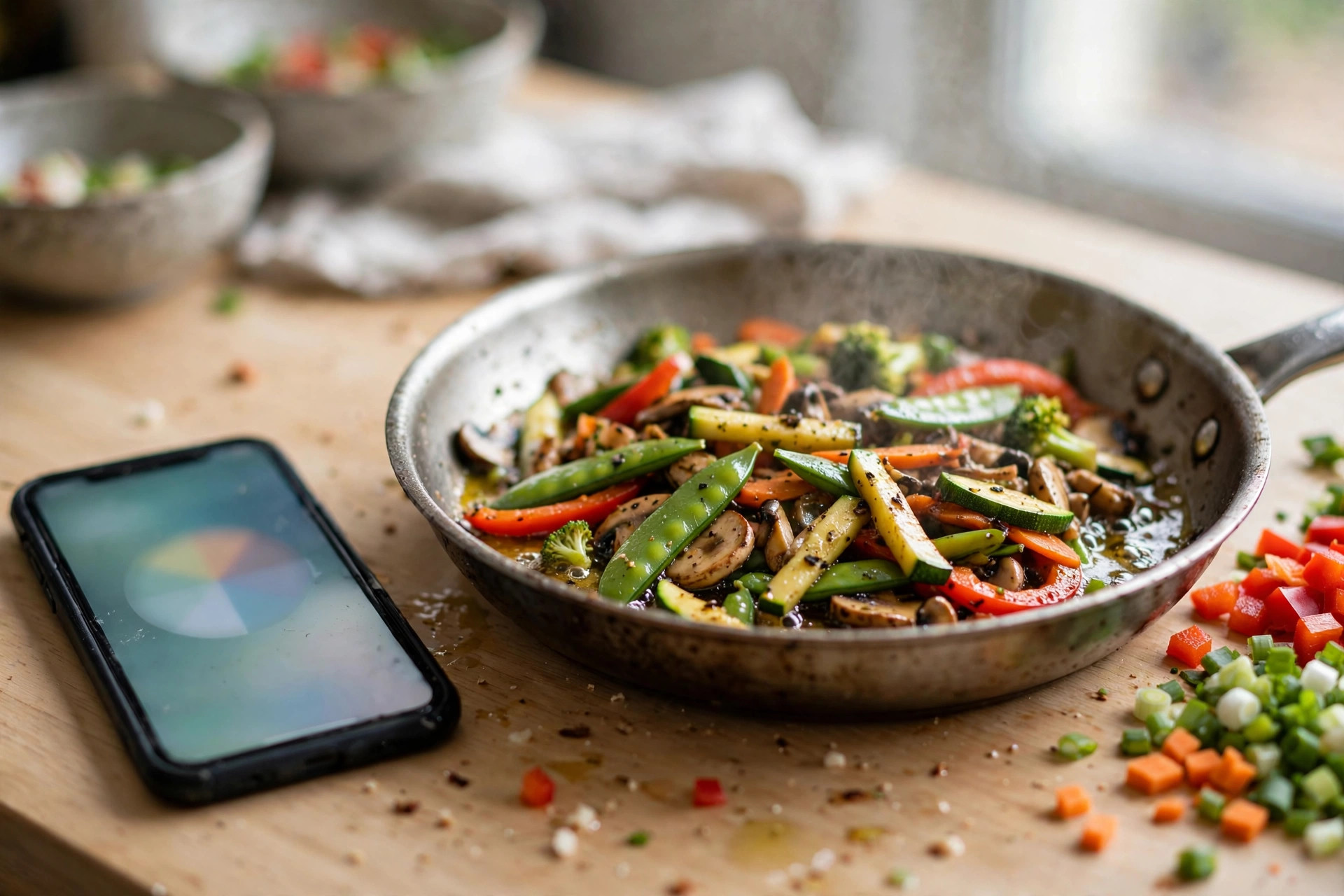 Sizzling vegetable stir-fry in a pan beside a phone with a blurred recipe app