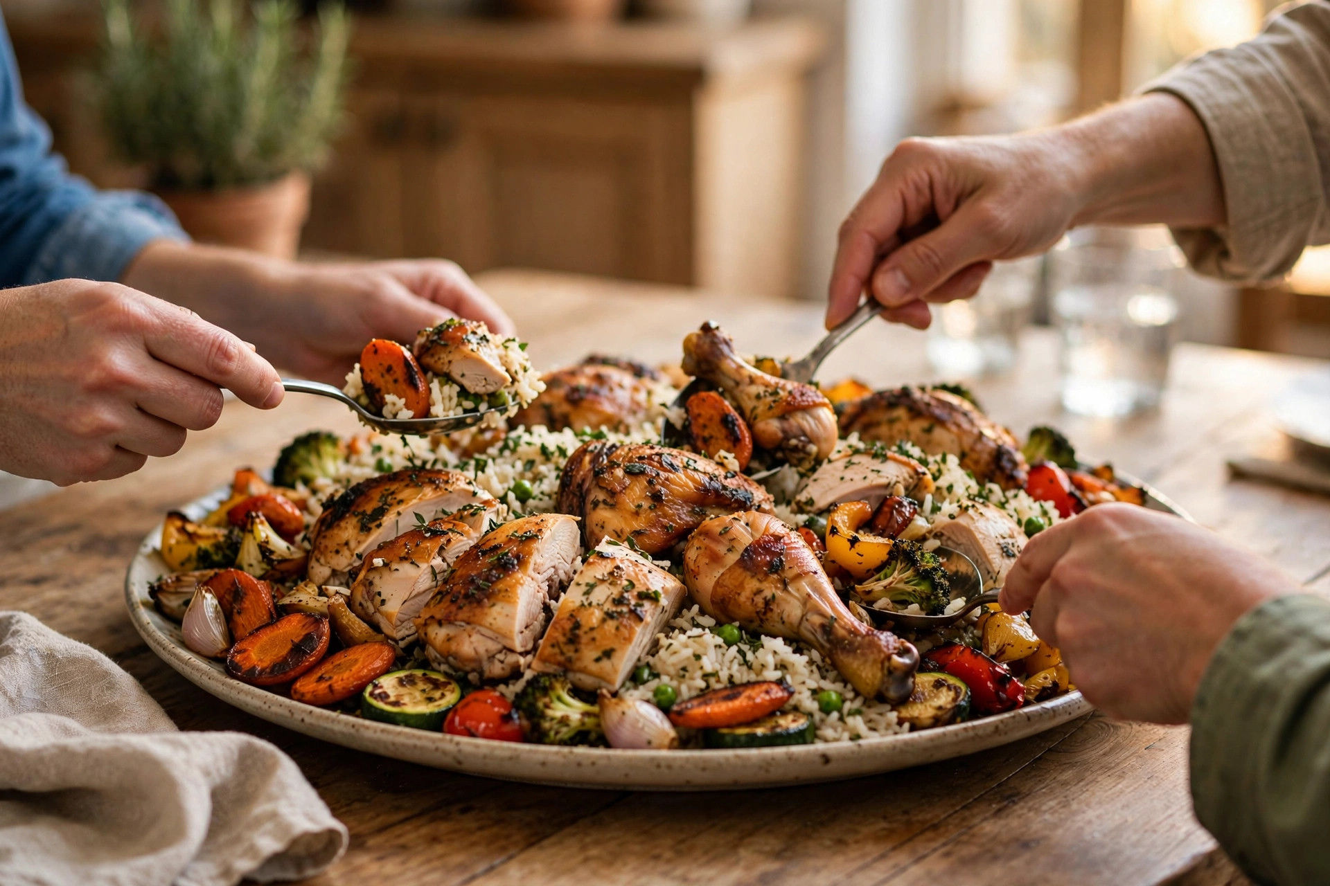Family sharing a large platter of roast chicken, rice, and vegetables