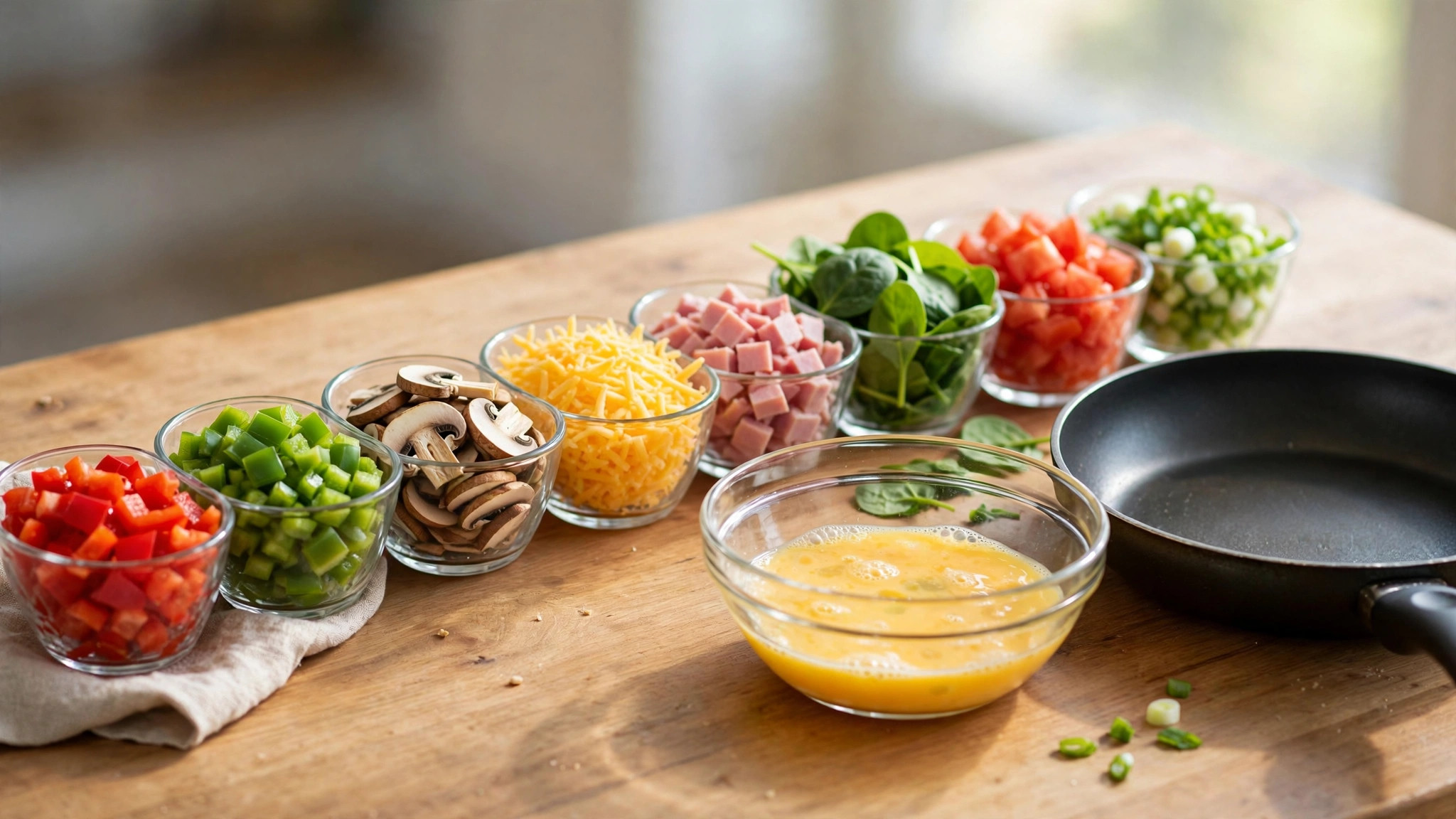 Small glass bowls of colourful omelette fillings with whisked eggs and a frying pan