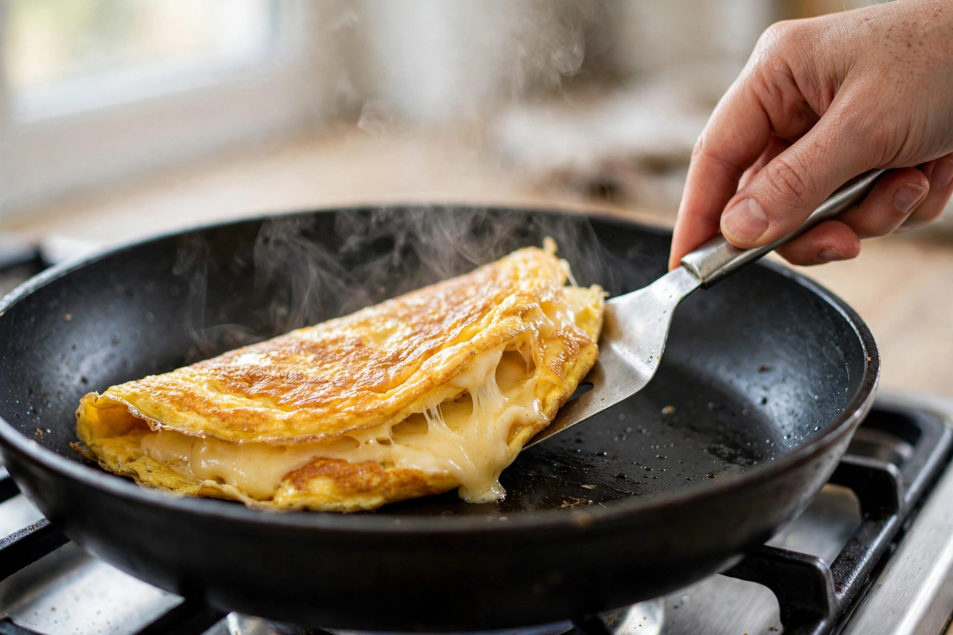 Hand folding a cheesy omelette in a non-stick frying pan with a spatula