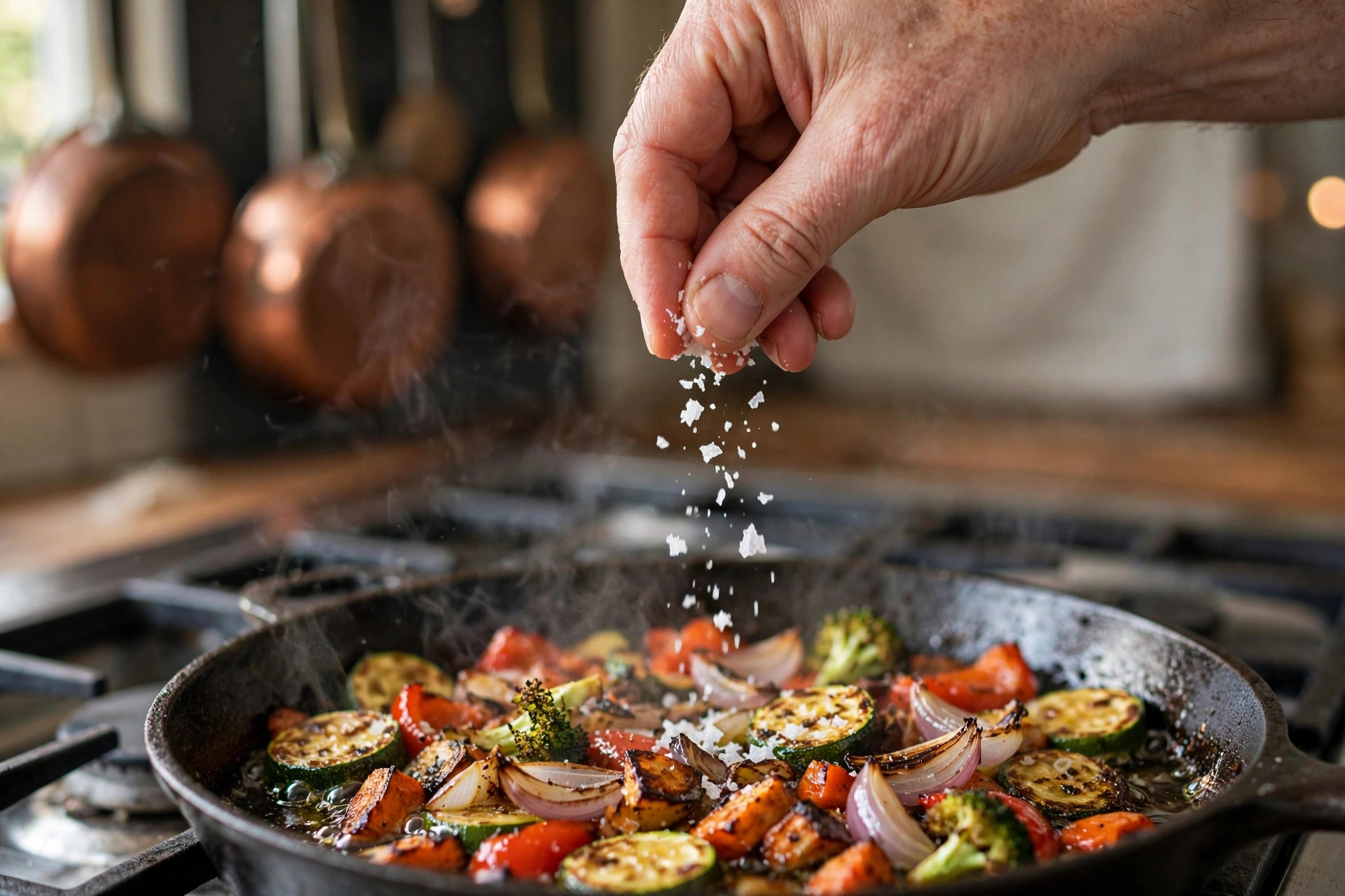Fingers sprinkling flaky sea salt over sizzling roasted vegetables in a pan