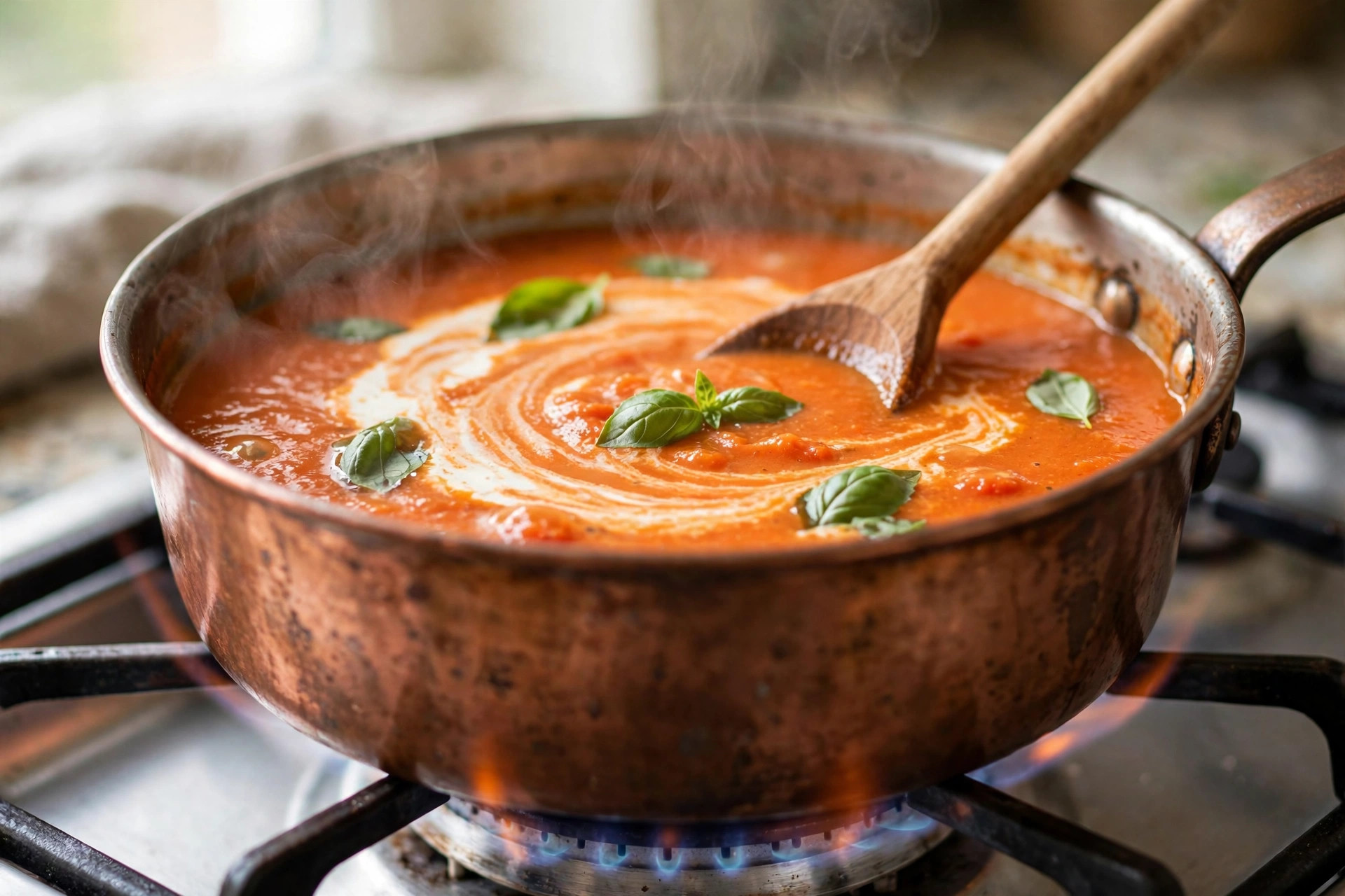Creamy tomato soup with a cream swirl simmering in a saucepan over a flame