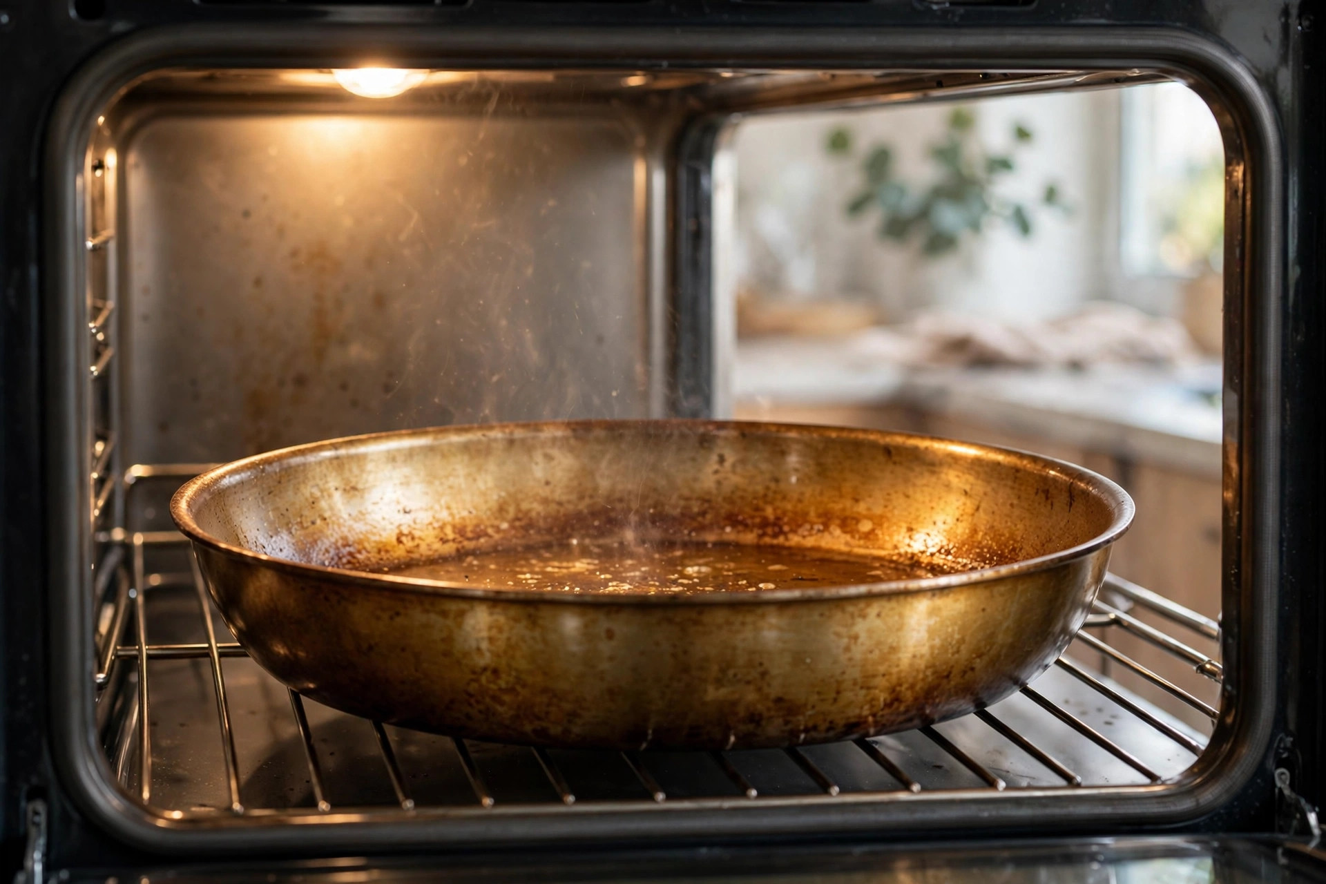 Seasoned aluminium pan with a golden patina baking inside a warm oven