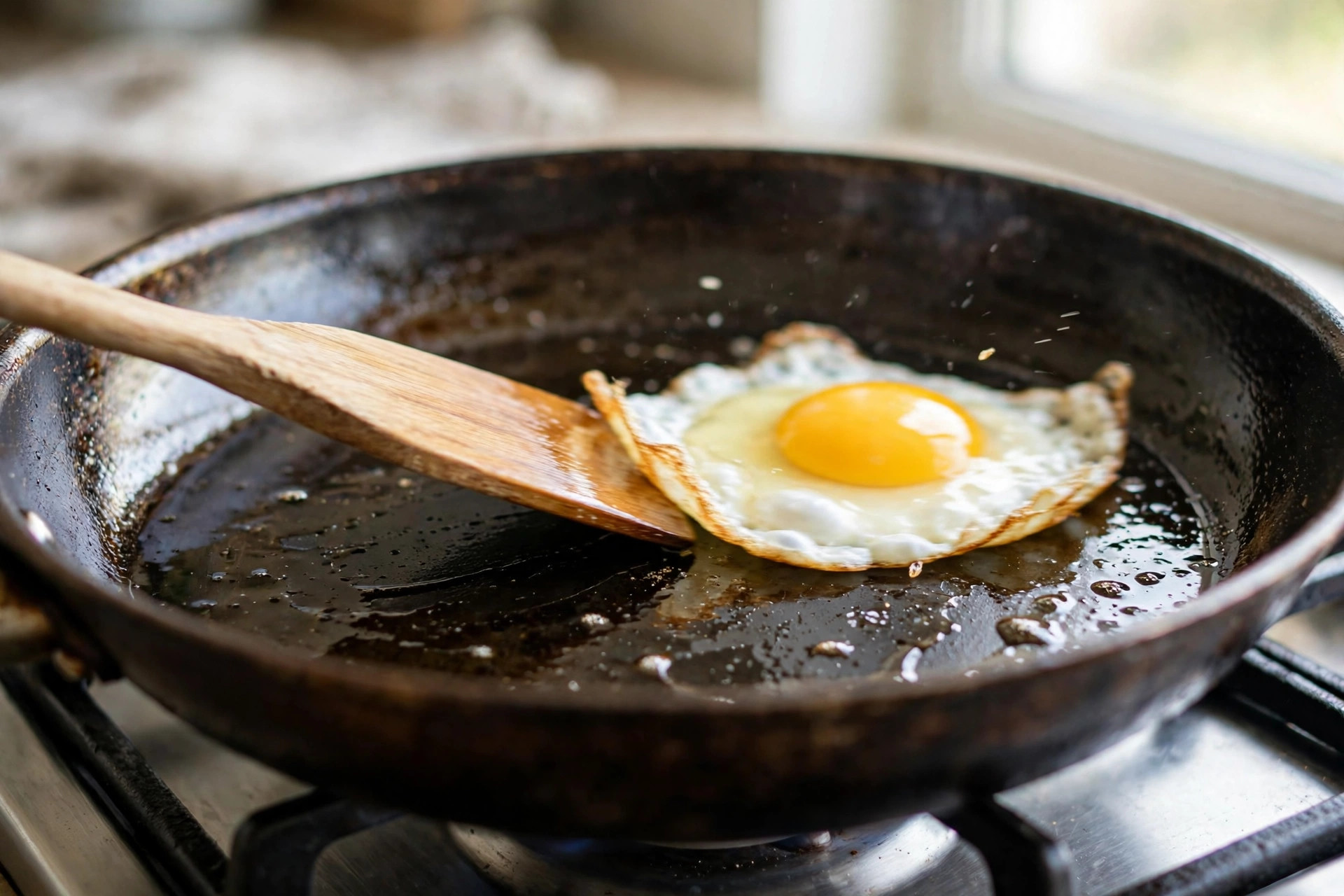 Fried egg gliding freely across the glossy seasoned surface of a pan