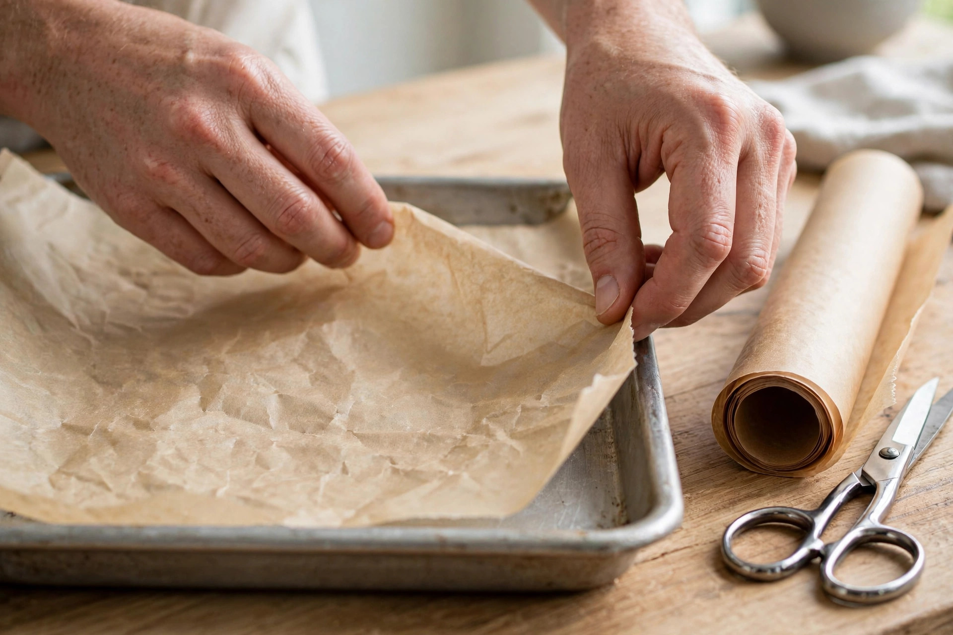 Hands laying a sheet of parchment paper into a metal baking tray