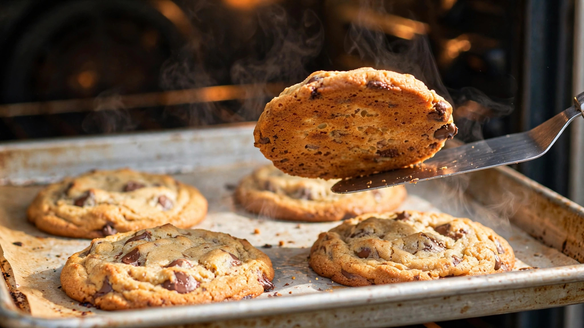Freshly baked chocolate chip cookies being lifted cleanly off a baking sheet