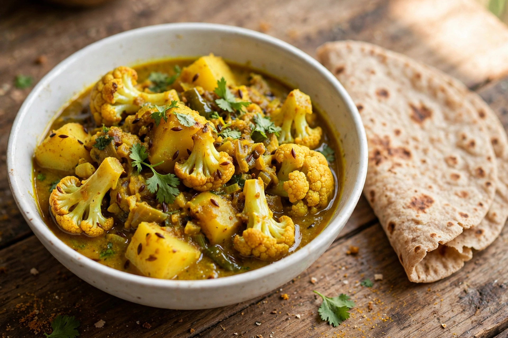 Home-style aloo gobi potato and cauliflower curry served with roti
