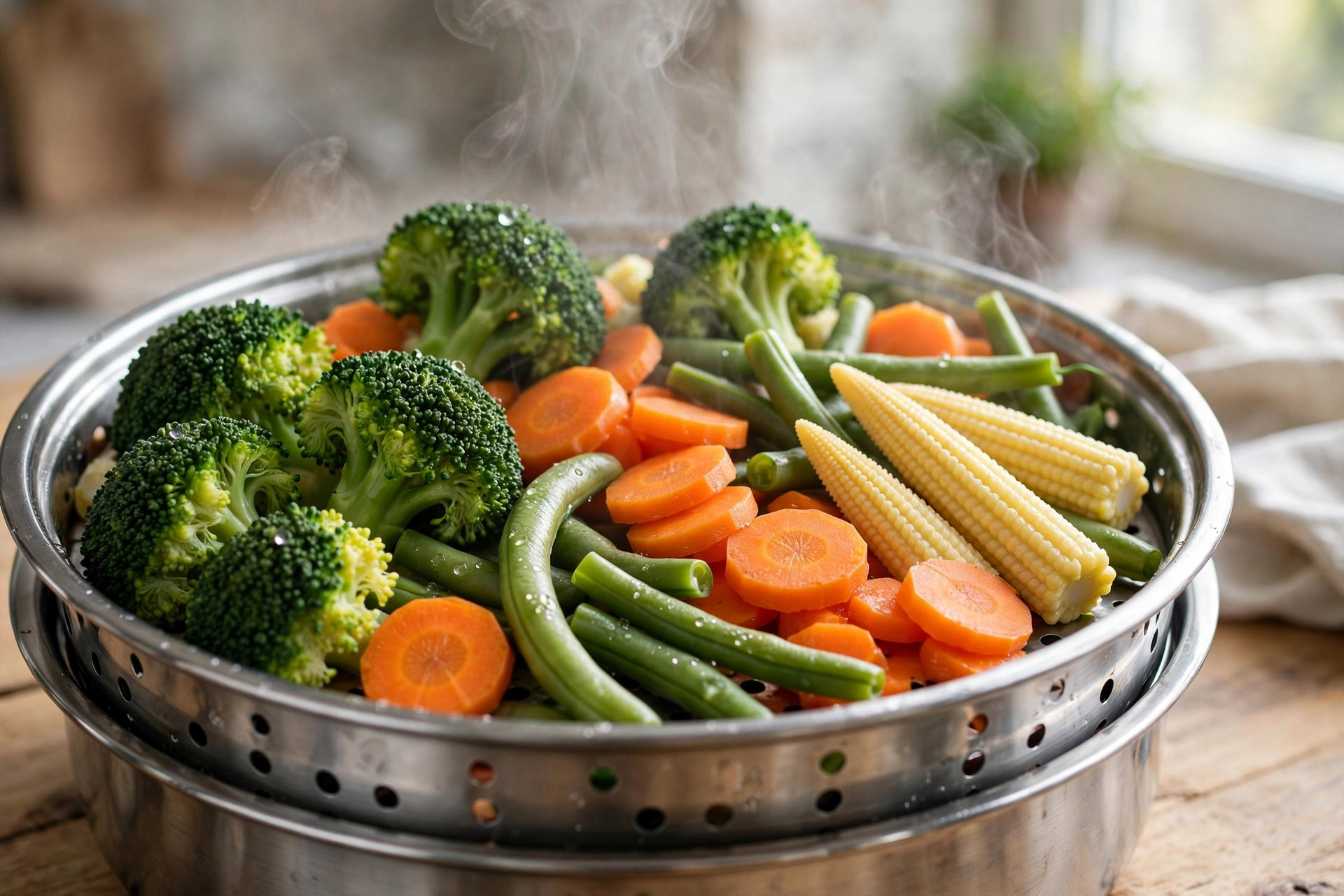 Colourful steamed broccoli, carrots, baby corn and green beans in a steamer basket
