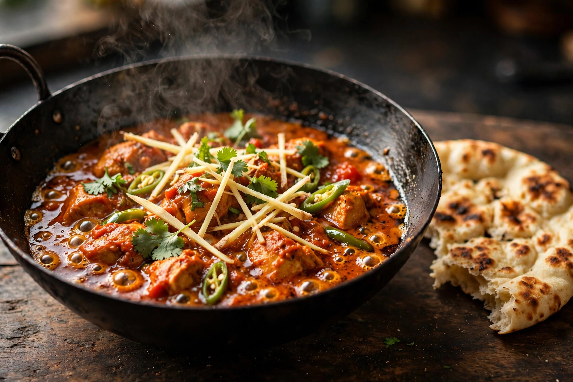 Sizzling chicken karahi garnished with ginger and green chillies, served with naan