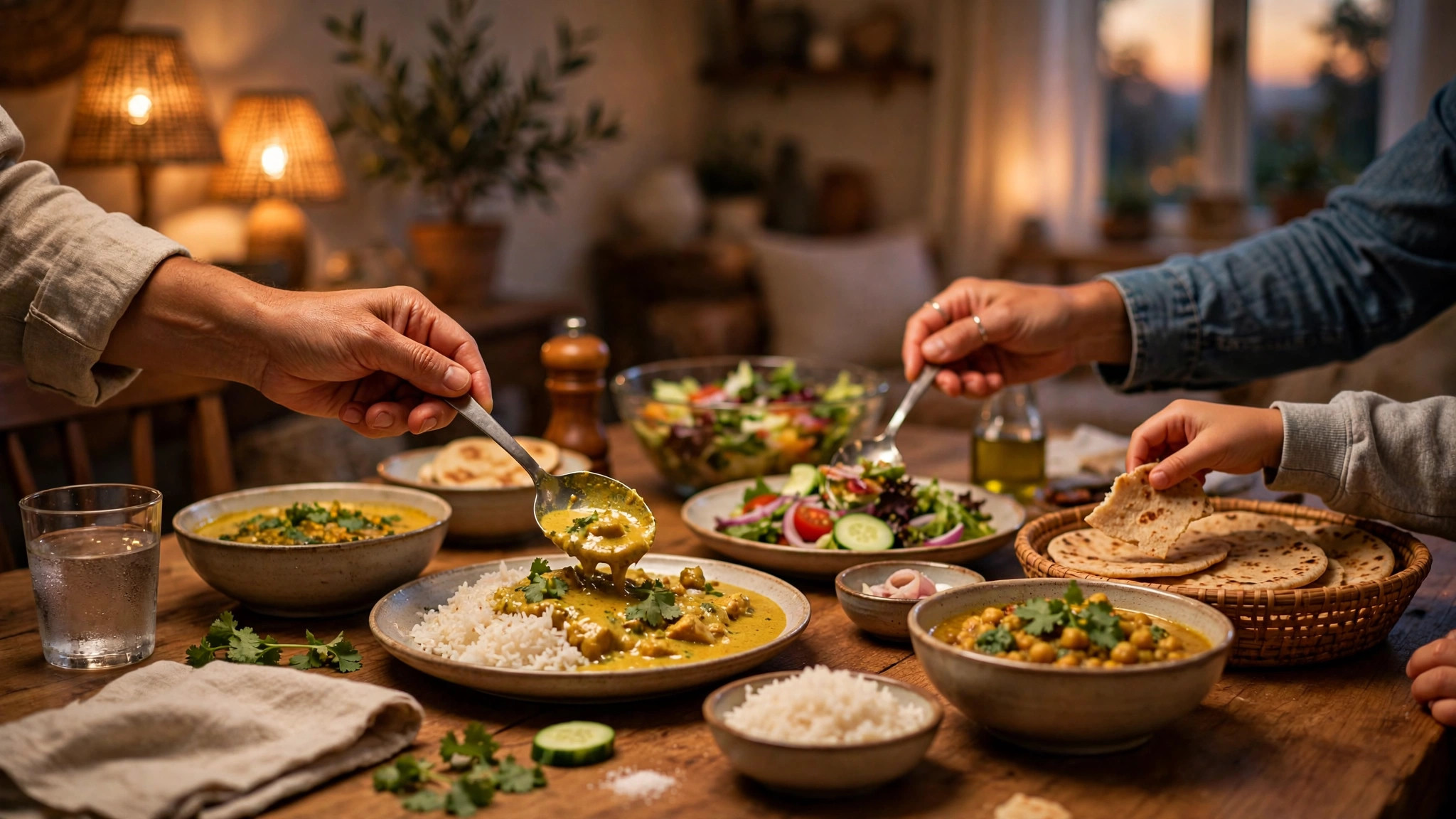 Family serving bowls of curry, rice and salad at a home dinner table
