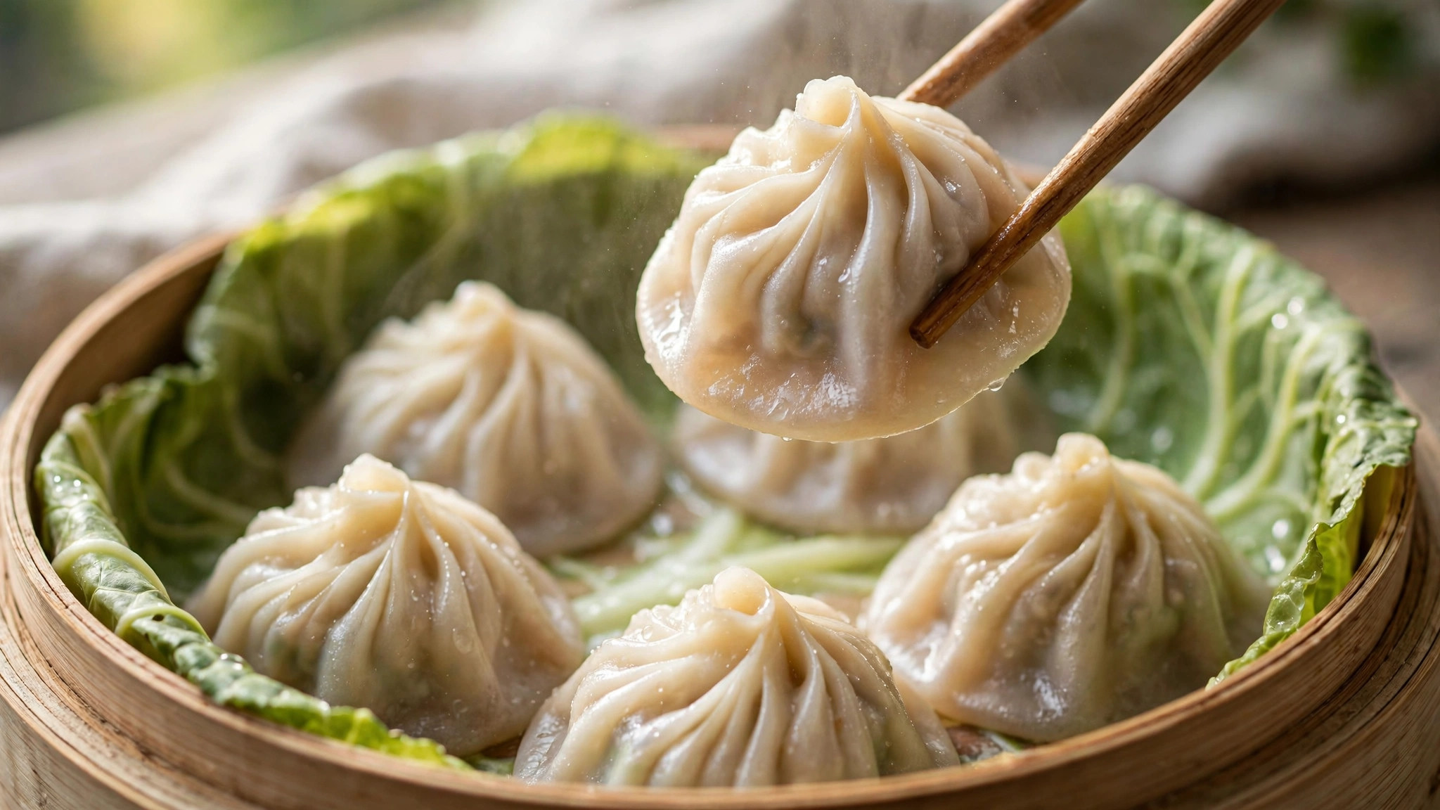Chopsticks lifting a steamed soup dumpling from a bamboo steamer lined with cabbage