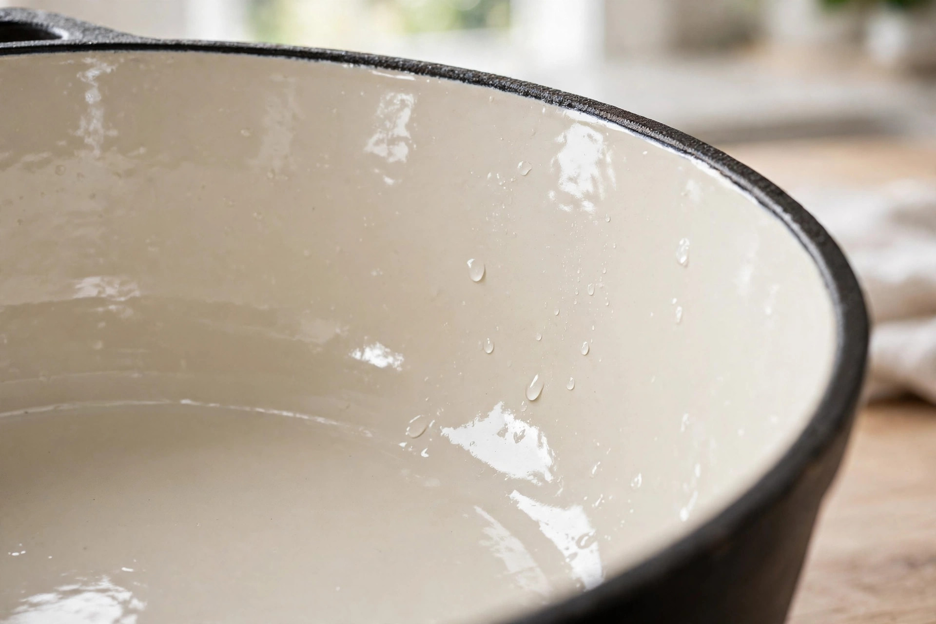 Close-up of the glossy cream enamel interior of a clean cast iron dutch oven