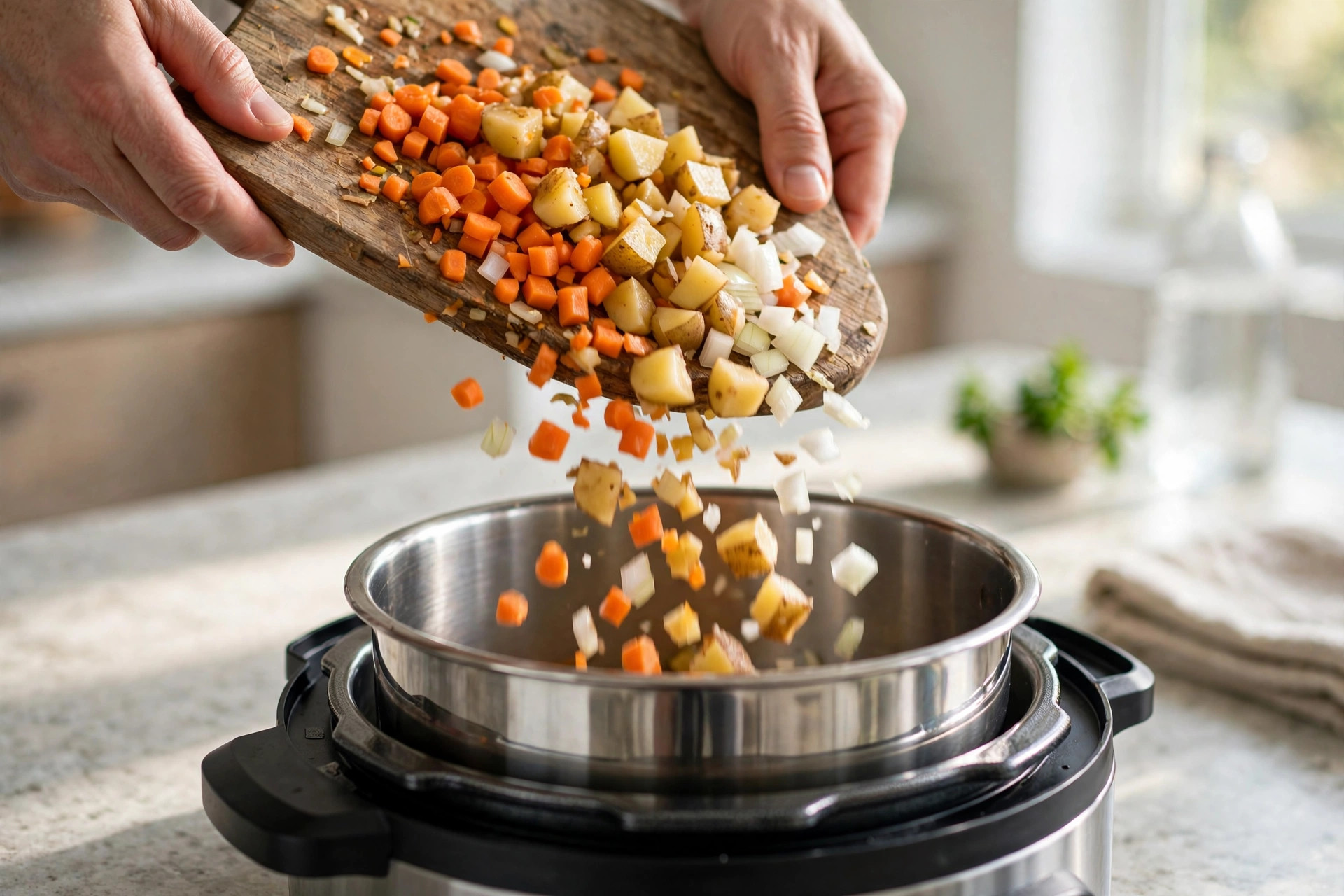 Hands tipping chopped vegetables into an electric pressure cooker pot