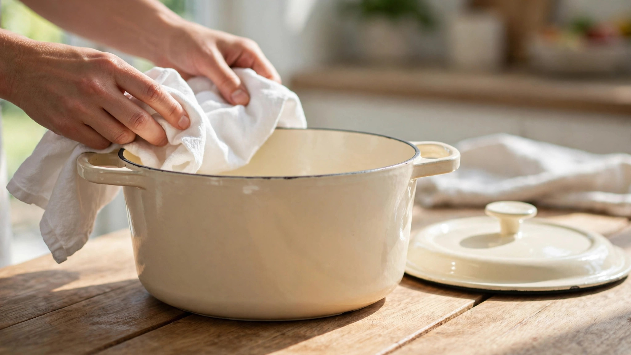 Hands drying a cream enamelled dutch oven with a cotton kitchen towel