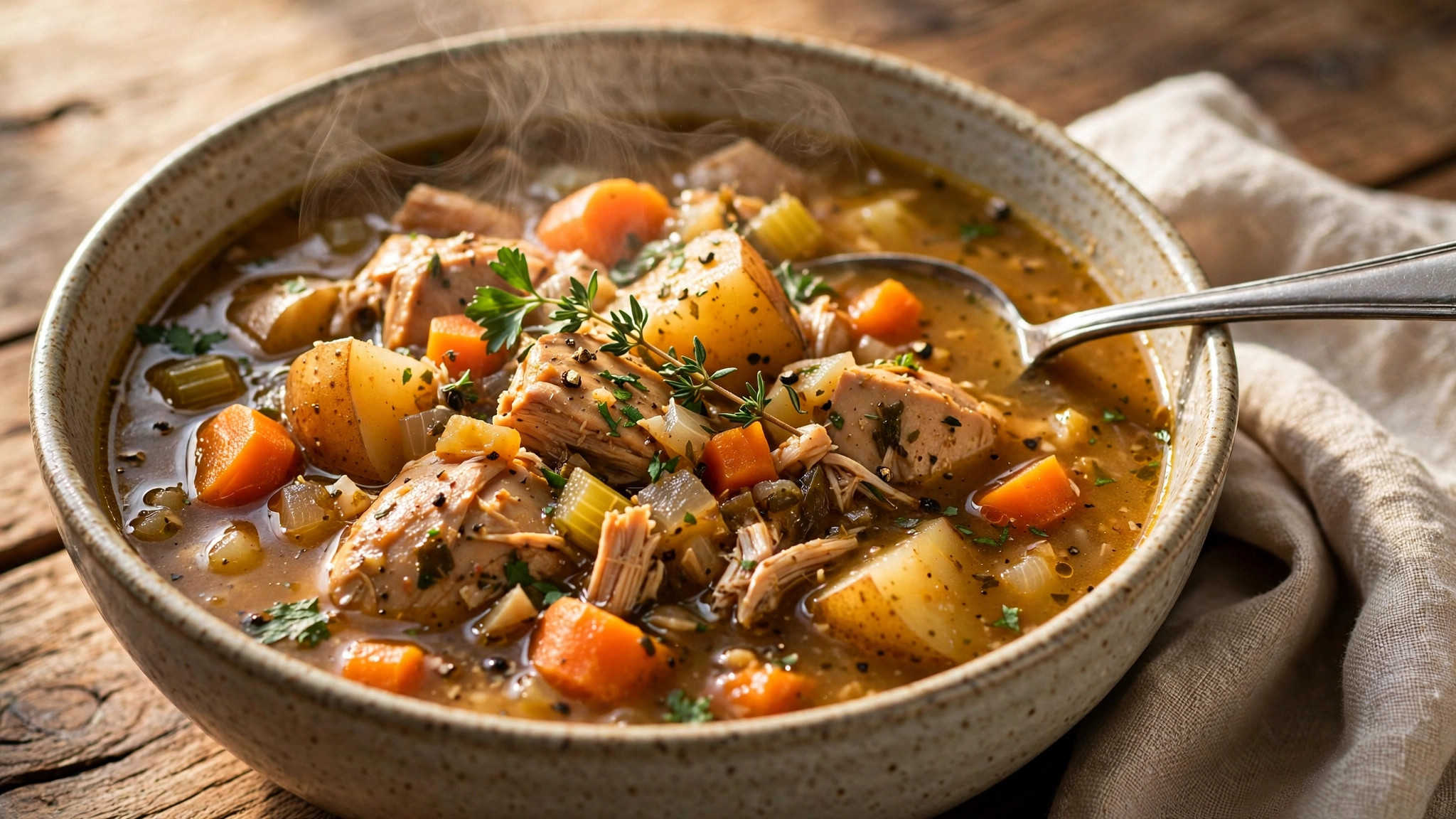 Steaming bowl of chicken and vegetable stew cooked in a pressure cooker