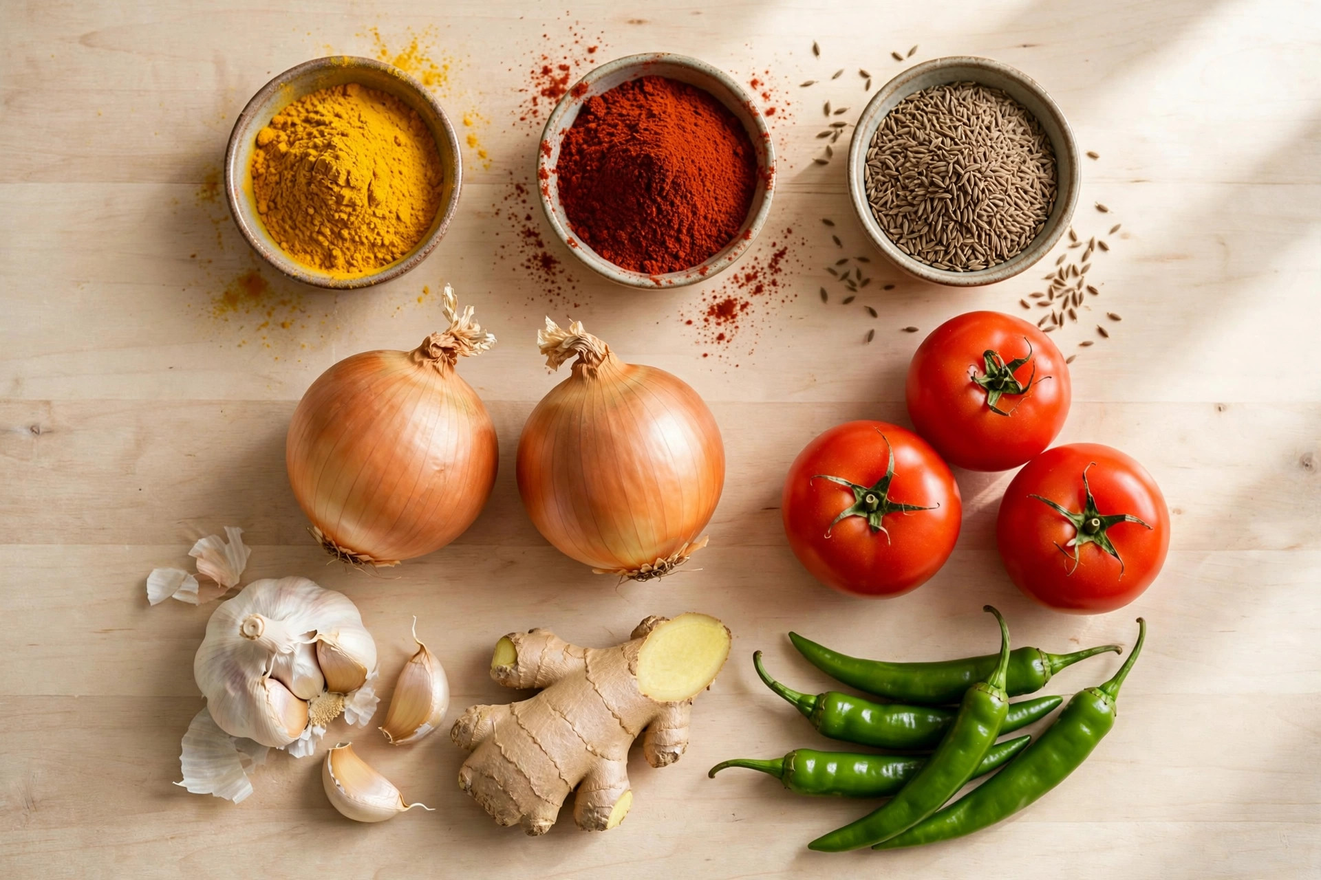 Small bowls of spices, onions, tomatoes and garlic arranged for simple home cooking