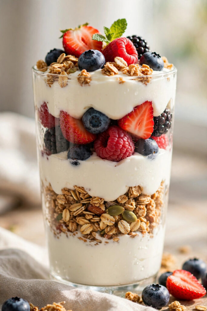 Greek yoghurt parfait layered with granola and fresh berries