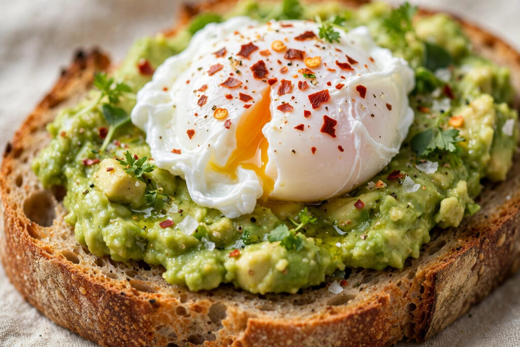 Avocado toast topped with a poached egg and chilli flakes