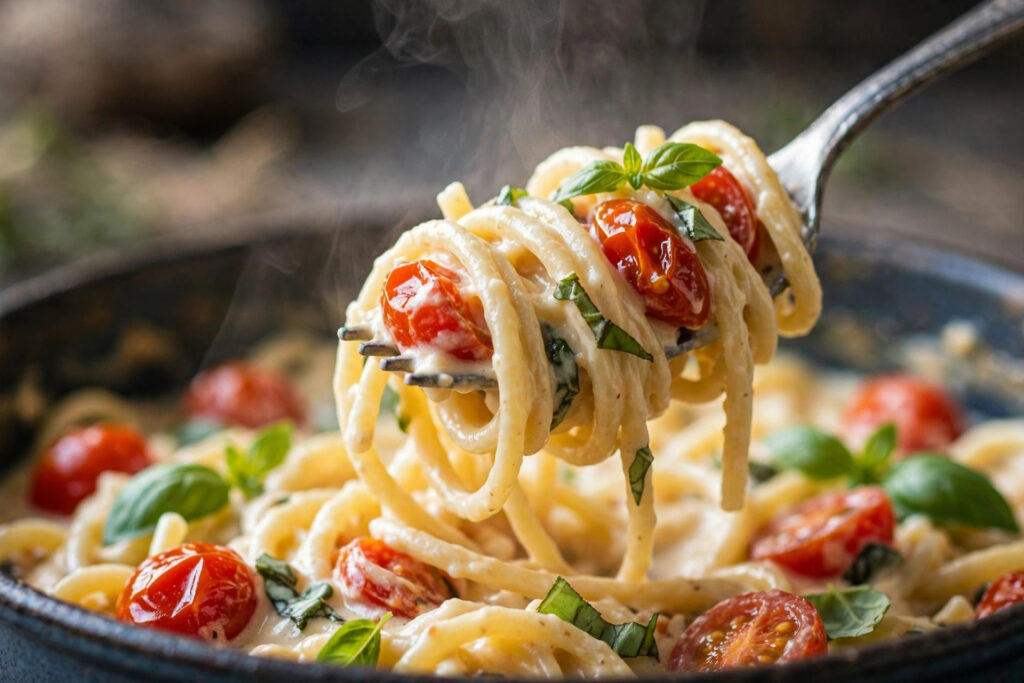 Creamy one-pot pasta twirled on a fork with cherry tomatoes and basil