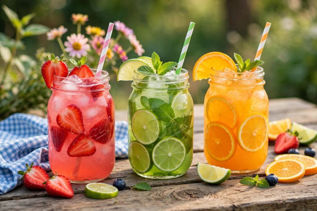 Colourful summer coolers in mason jars with fruit slices
