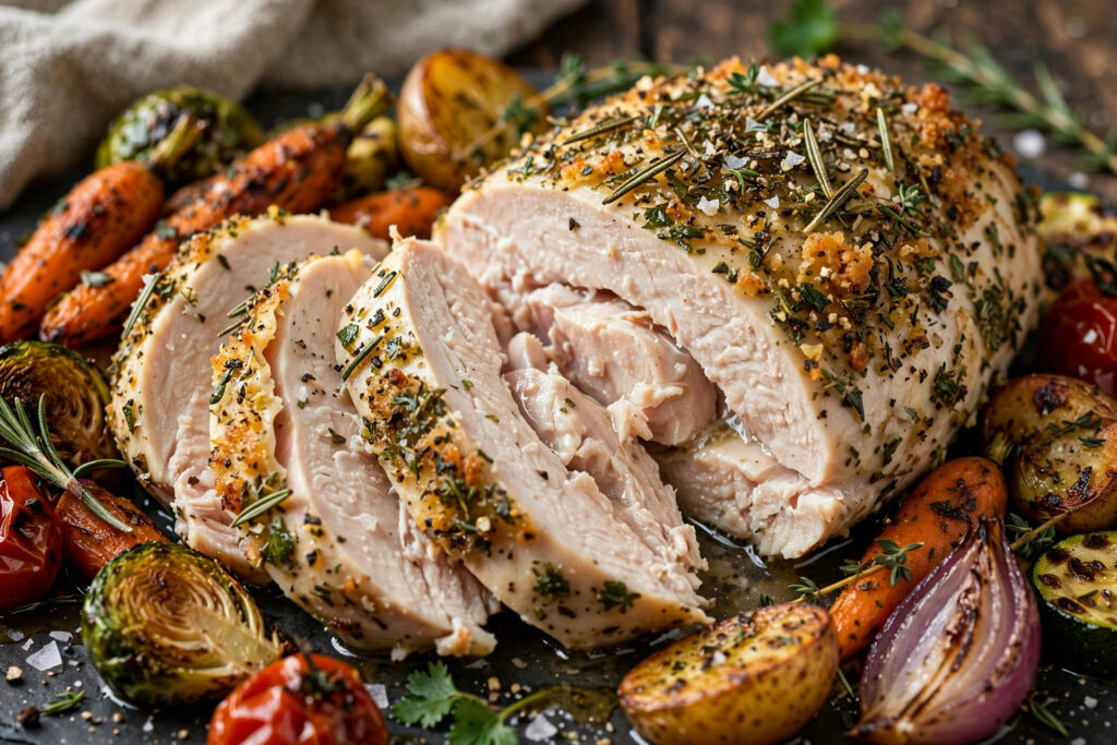 Herb-crusted chicken breast sliced with roasted vegetables