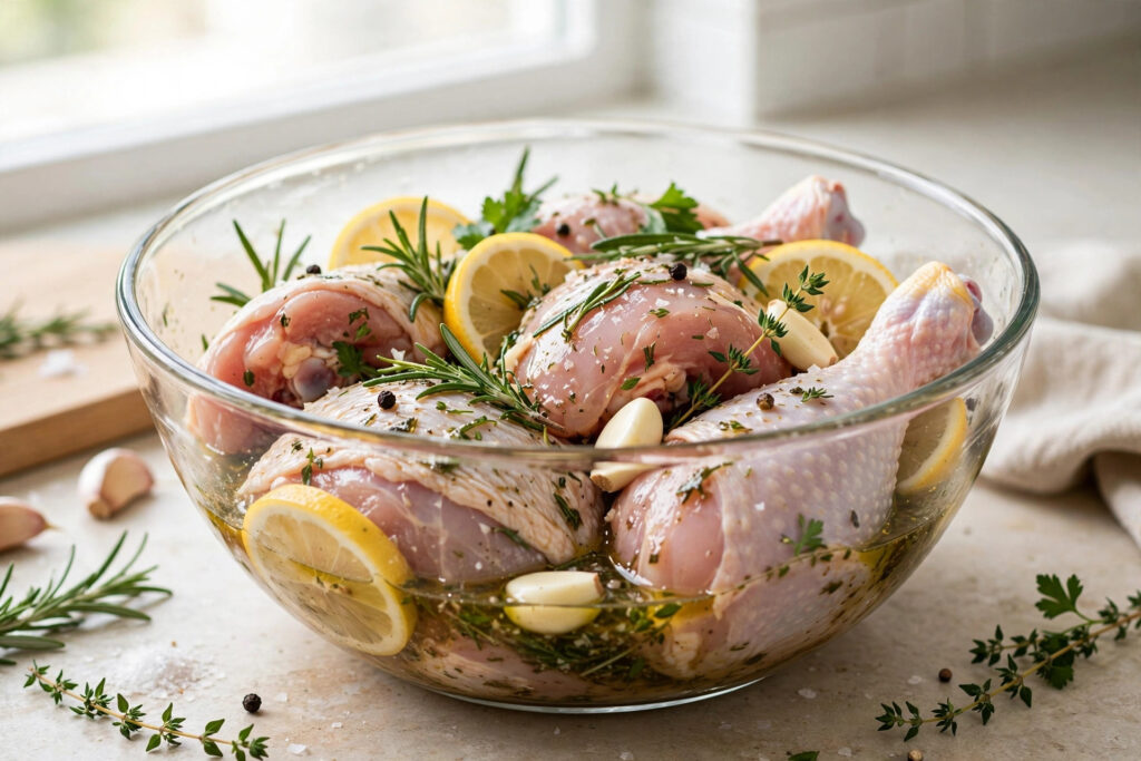 Chicken pieces marinating with herbs, garlic and lemon