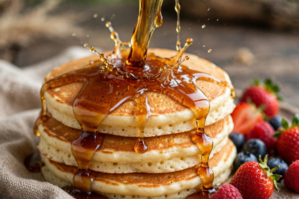 Maple syrup poured over a stack of fluffy pancakes with berries