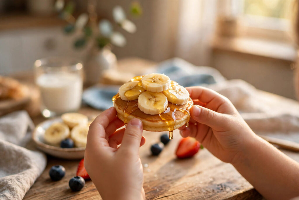 Child holding a small pancake topped with banana slices