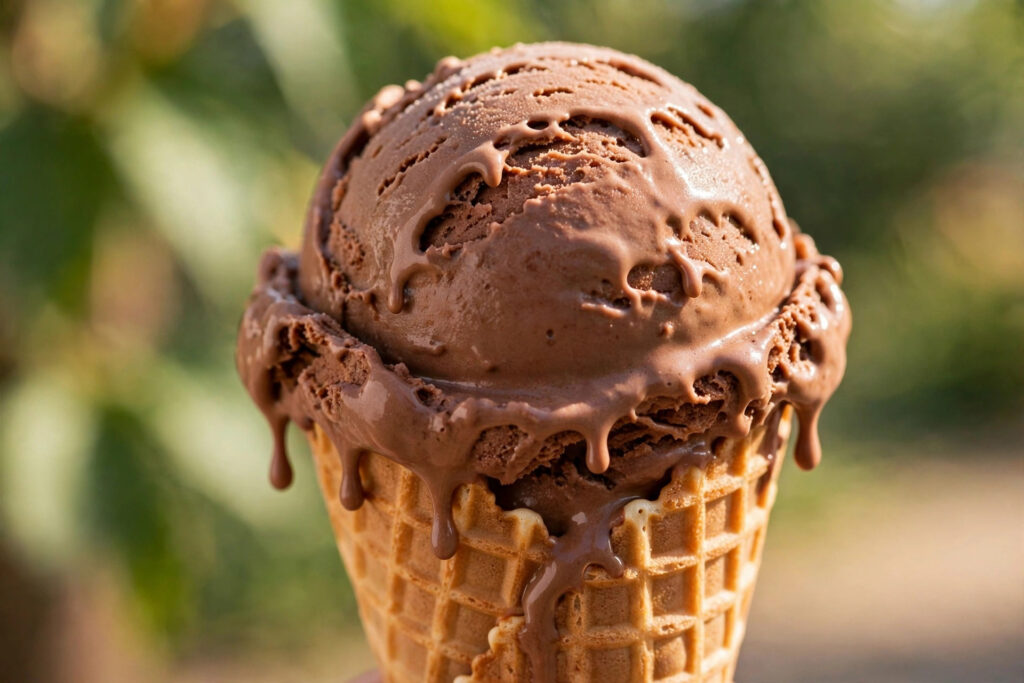Chocolate ice cream scoop melting in a waffle cone