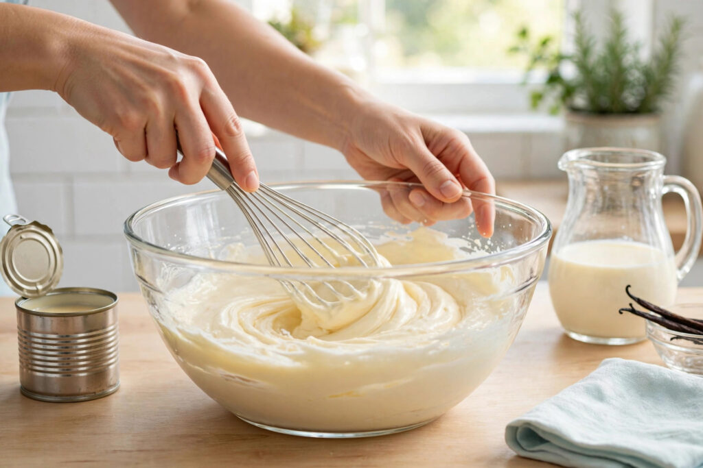 Whisking condensed milk and double cream for no-churn ice cream