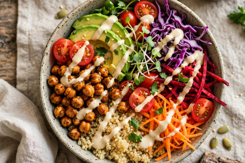 Buddha bowl with roasted chickpeas, avocado, quinoa and tahini drizzle