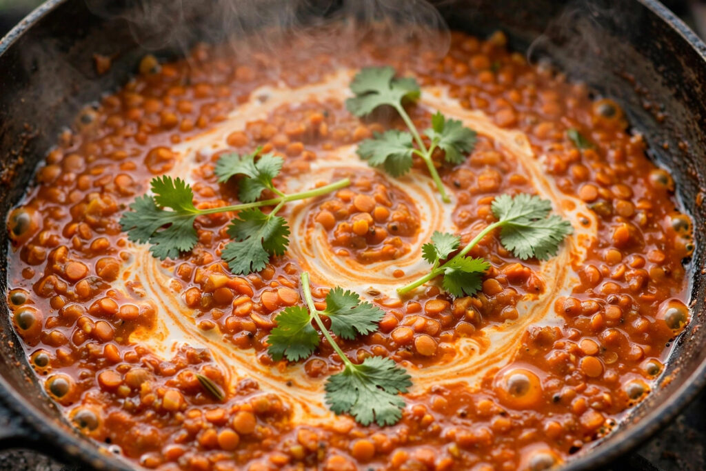 Red lentil curry simmering with coconut milk and fresh coriander