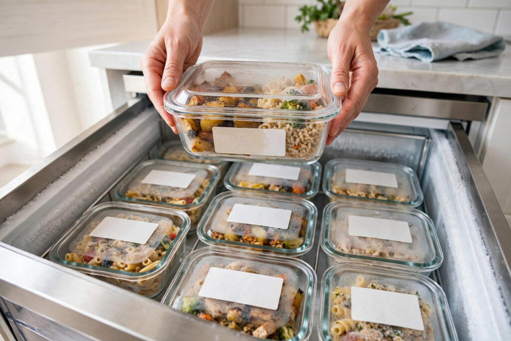Placing a labelled freezer meal container into a freezer drawer