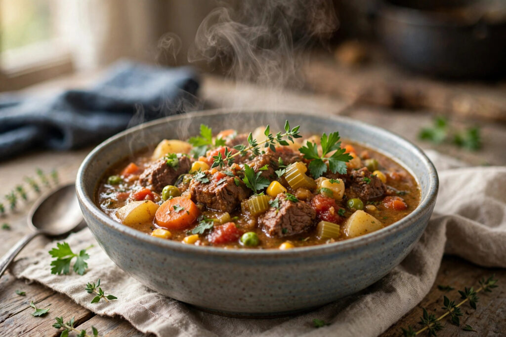 Reheated freezer stew served in a bowl with fresh herbs