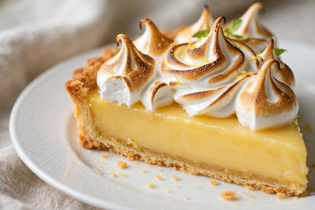 Slice of lemon tart with torched meringue