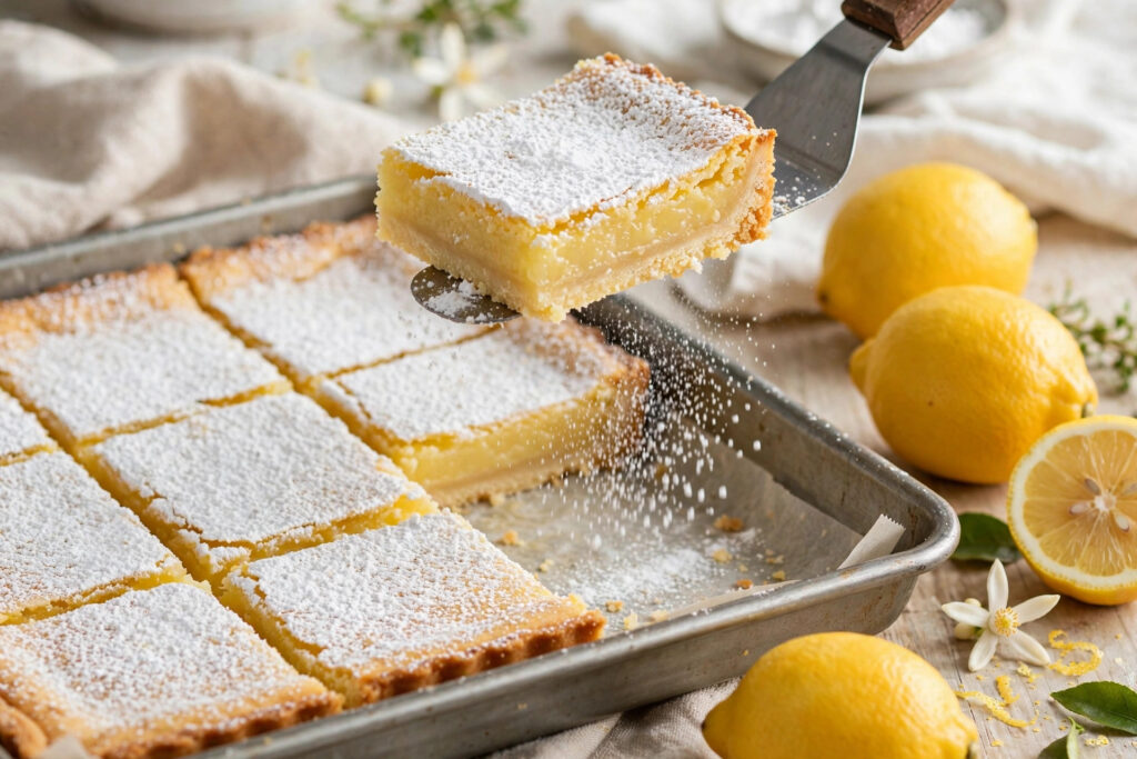 Lemon bars dusted with icing sugar beside fresh lemons