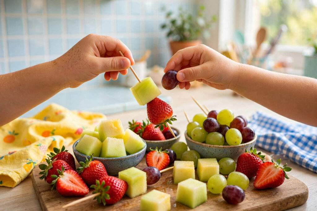Child assembling colourful fruit skewers