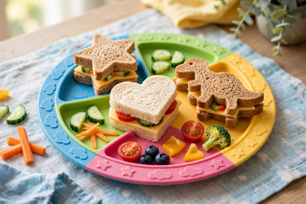 Mini sandwiches cut into fun shapes with cheese and vegetables