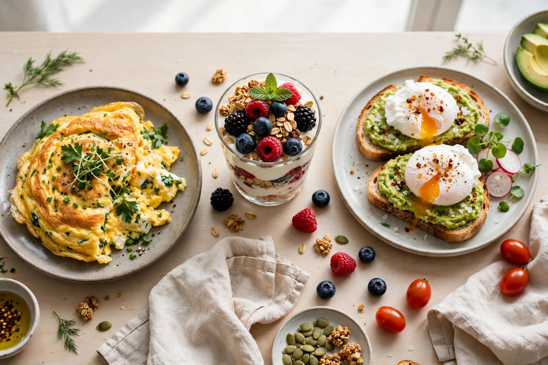 High-protein breakfast spread with omelette, yoghurt parfait and avocado toast
