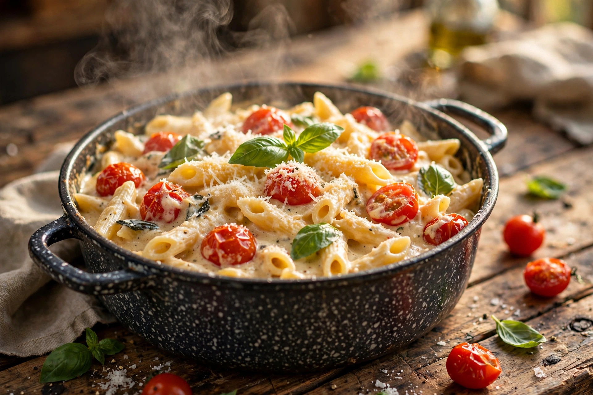 Creamy one-pot pasta with tomatoes, basil and parmesan