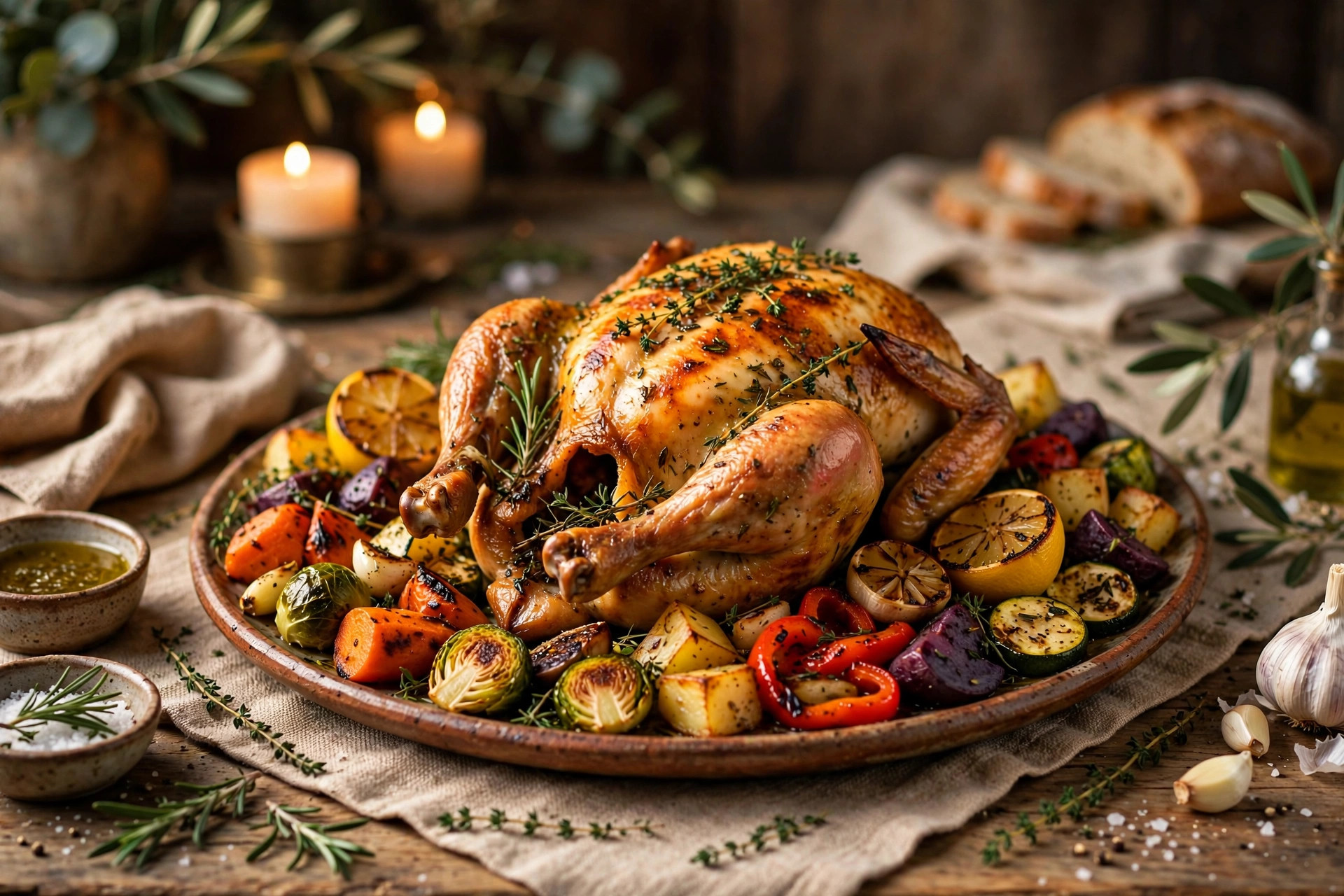 Herb-roasted chicken dinner with roasted vegetables
