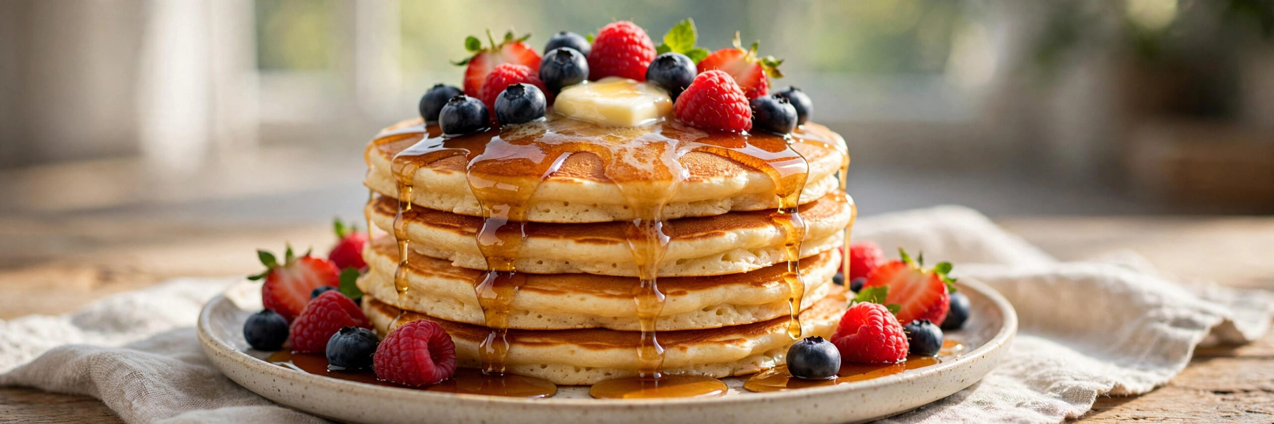 Stack of fluffy pancakes with maple syrup, berries and butter