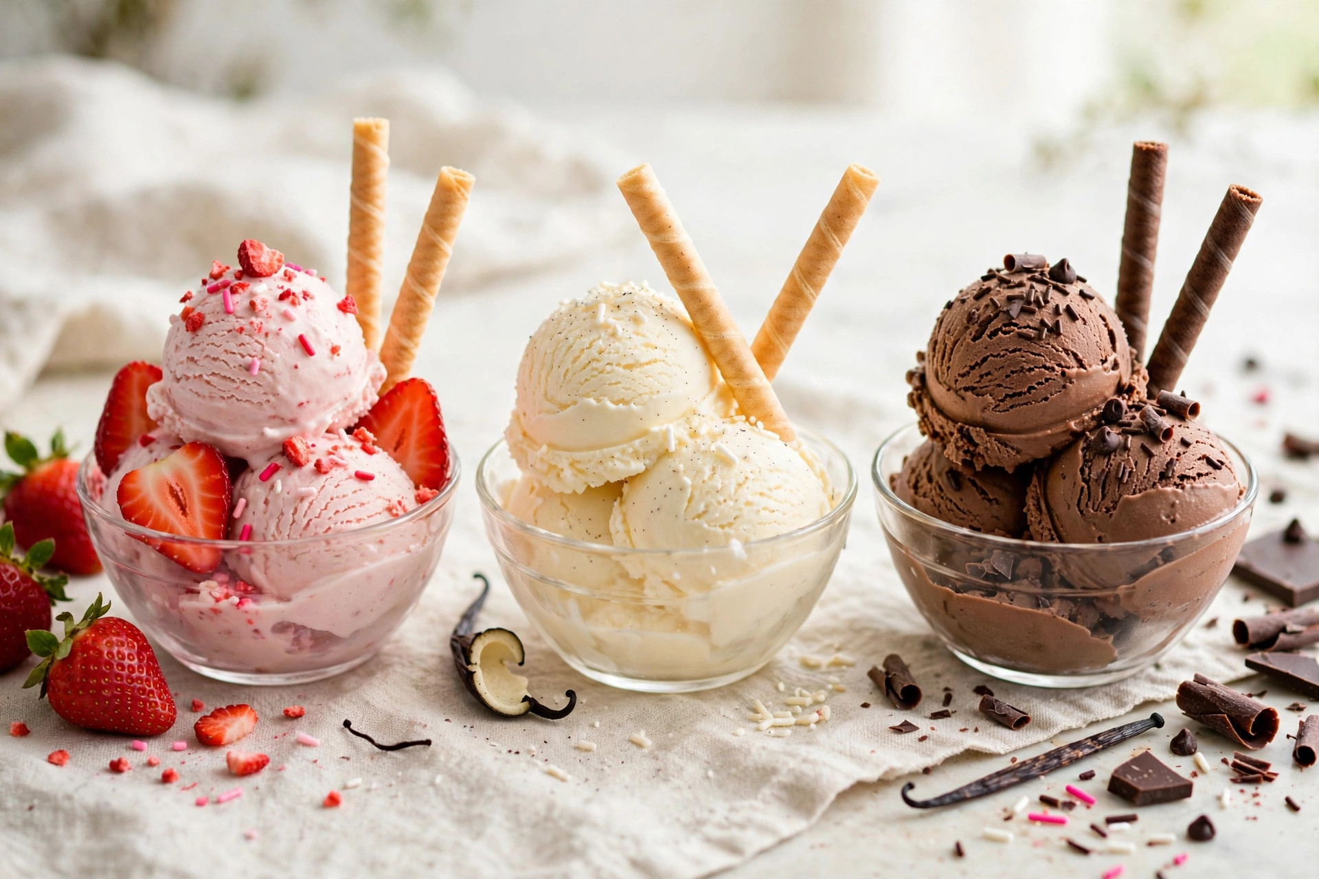 Homemade no-churn ice cream scoops in chocolate, vanilla and strawberry