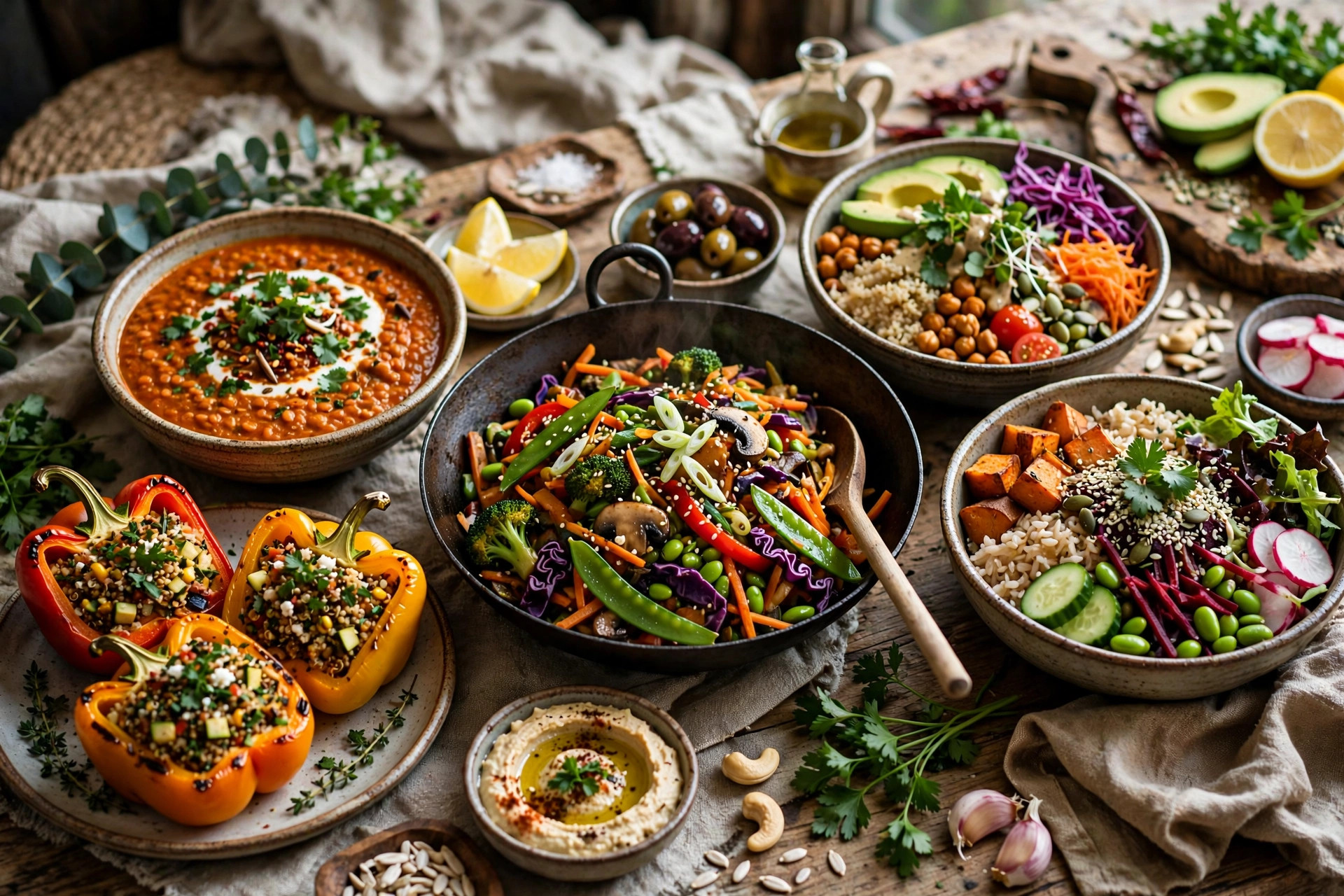 Hearty vegetarian dinner spread with stuffed peppers, lentil curry and Buddha bowls
