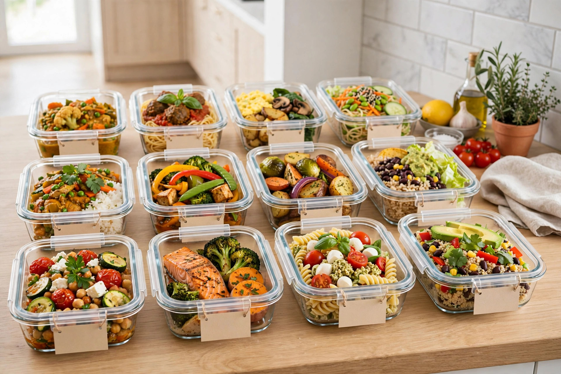 Labelled meal-prep freezer containers with homemade meals