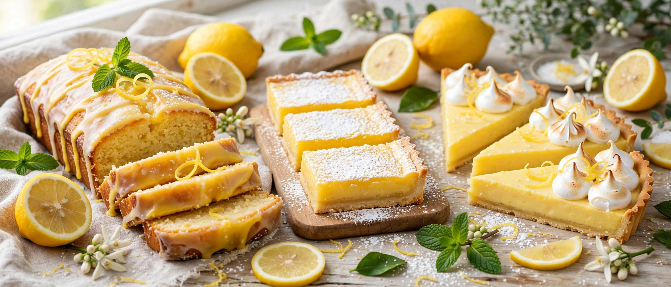 Lemon tart slices, lemon bars and lemon drizzle cake