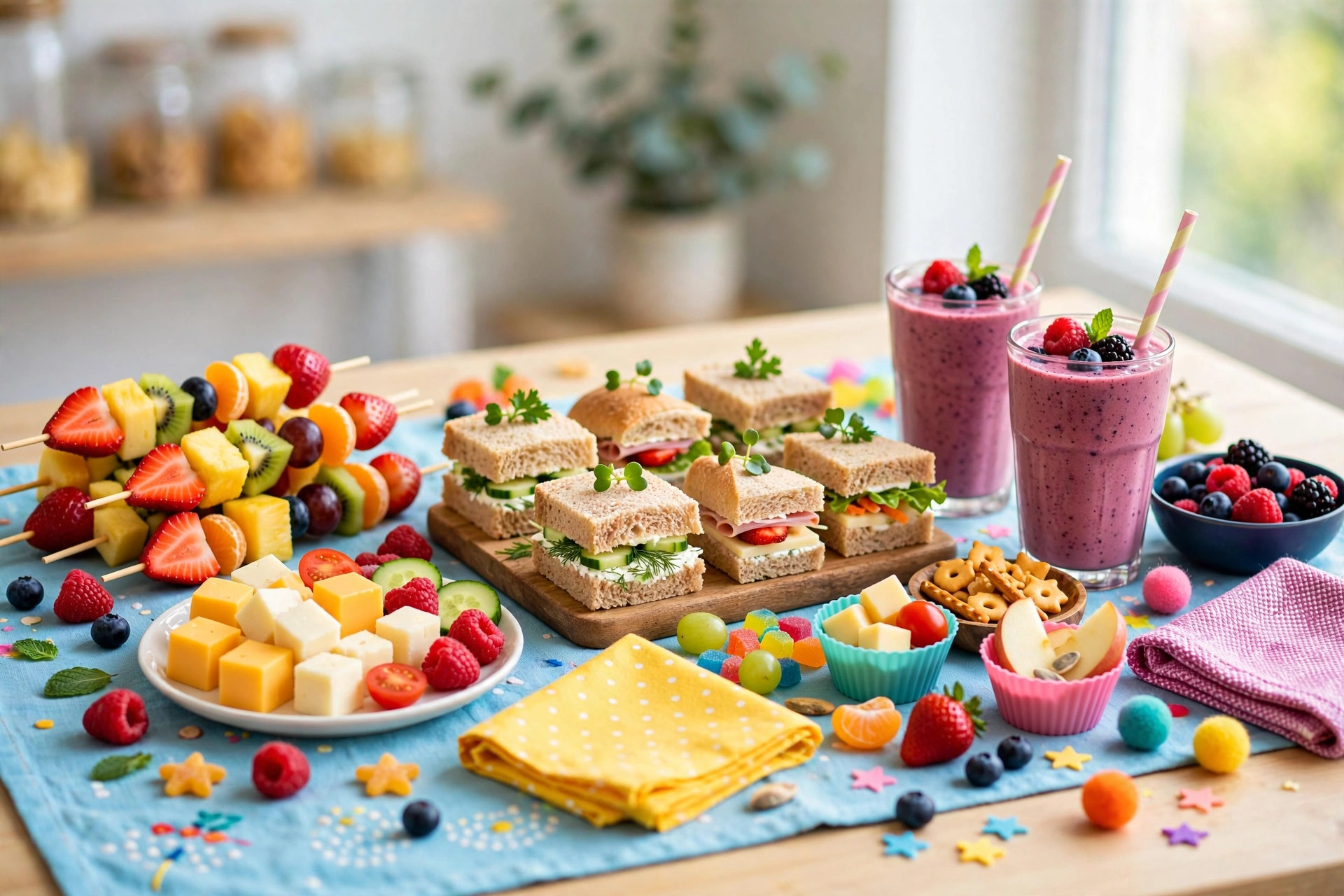 Colourful after-school snacks for kids with fruit skewers and smoothies